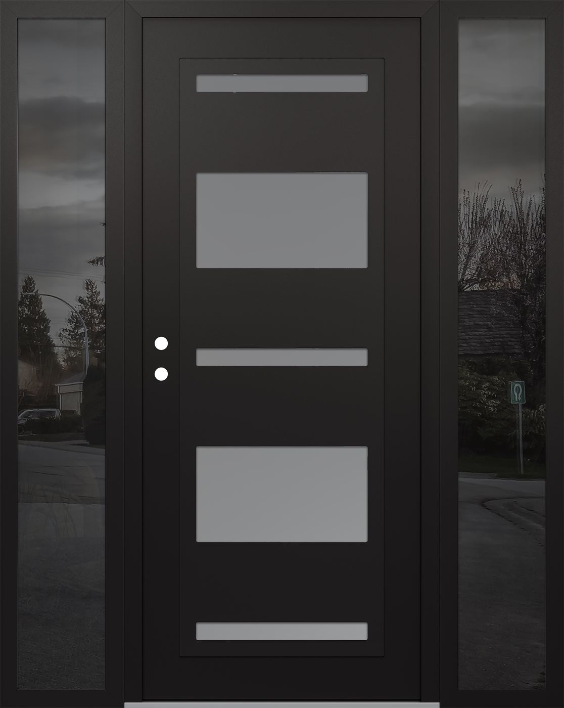 Modern Steel Front Door Diamond C10 60" x 80" black/white frosted Glass Panel black RHI with 2 Sidelites mirrored Glass