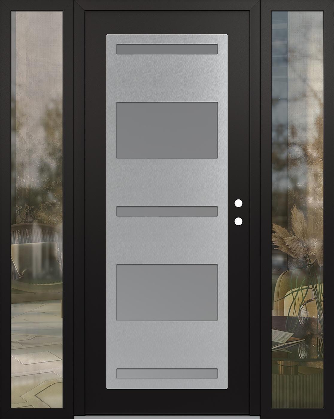 Modern Steel Front Door Diamond C10 60" x 80" black/white frosted Glass Panel stainless steel LHI with 2 Sidelites clear Glass