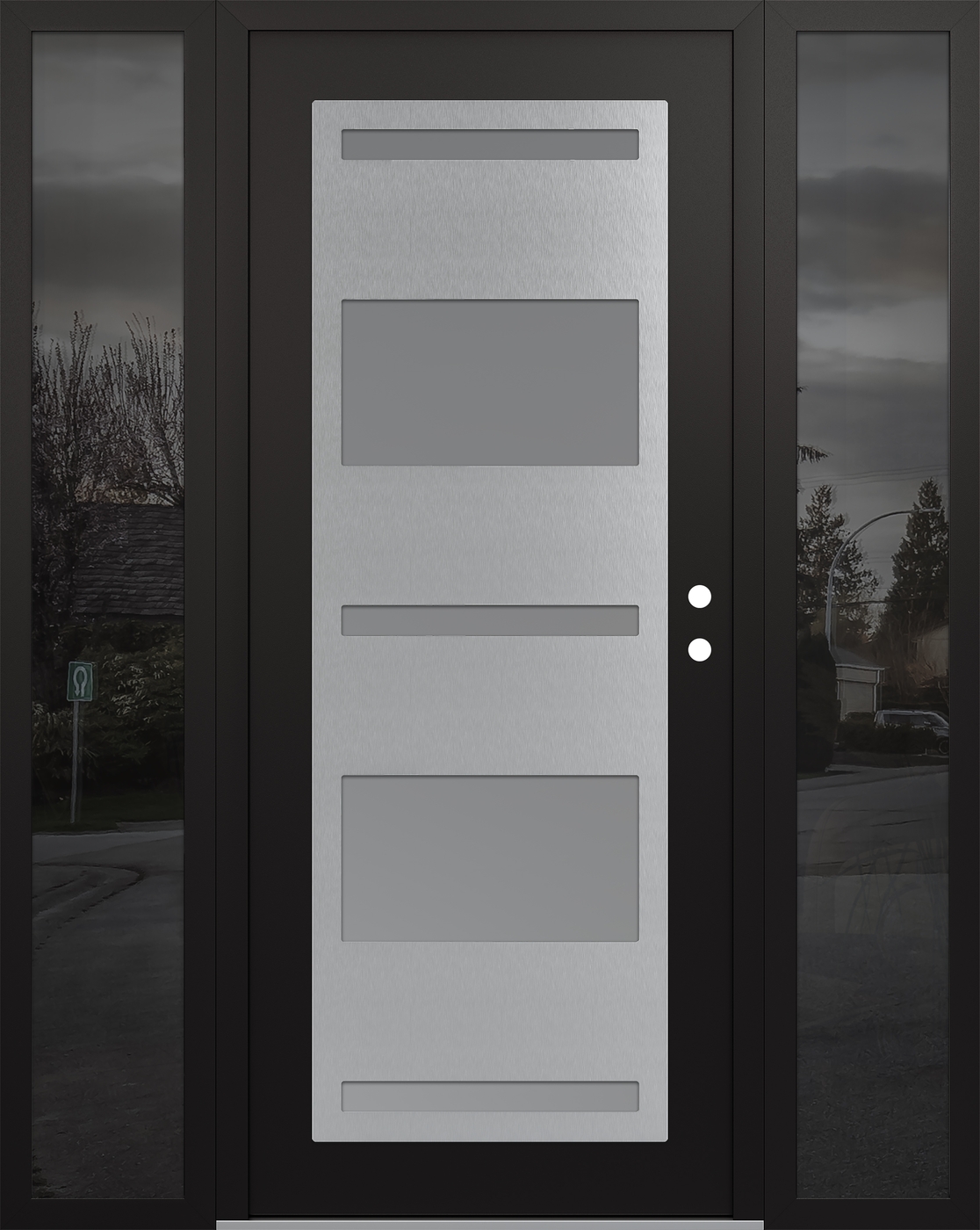 Modern Steel Front Door Diamond C10 60" x 80" black/white frosted Glass Panel stainless steel LHI with 2 Sidelites mirrored Glass