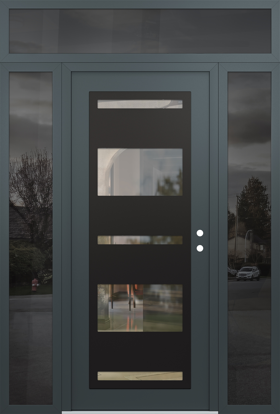 Modern Steel Front Door Diamond C10 60" x 96" anthracite/anthracite clear Glass Panel black LHI with 2 Sidelites and Transom mirrored Glass