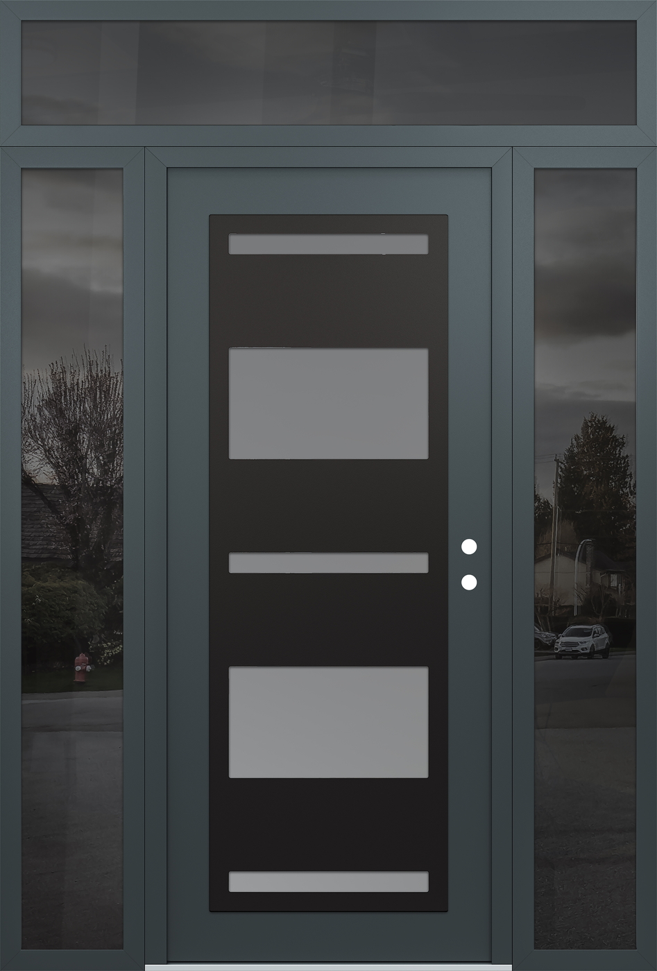 Modern Steel Front Door Diamond C10 60" x 96" anthracite/anthracite frosted Glass Panel black LHI with 2 Sidelites and Transom mirrored Glass