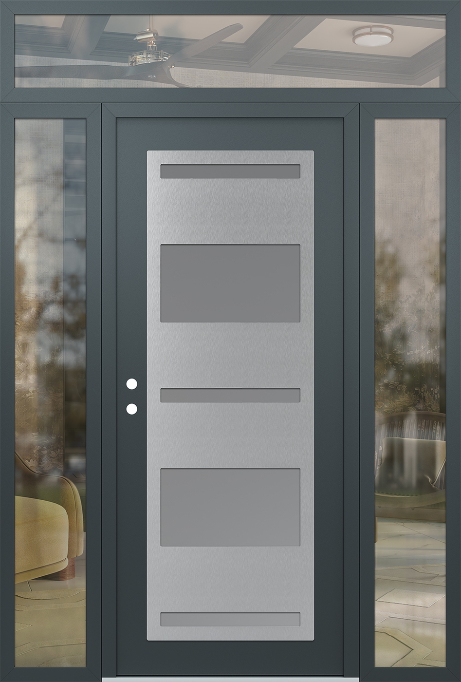 Modern Steel Front Door Diamond C10 60" x 96" anthracite/anthracite frosted Glass Panel stainless steel RHI with 2 Sidelites and Transom clear Glass