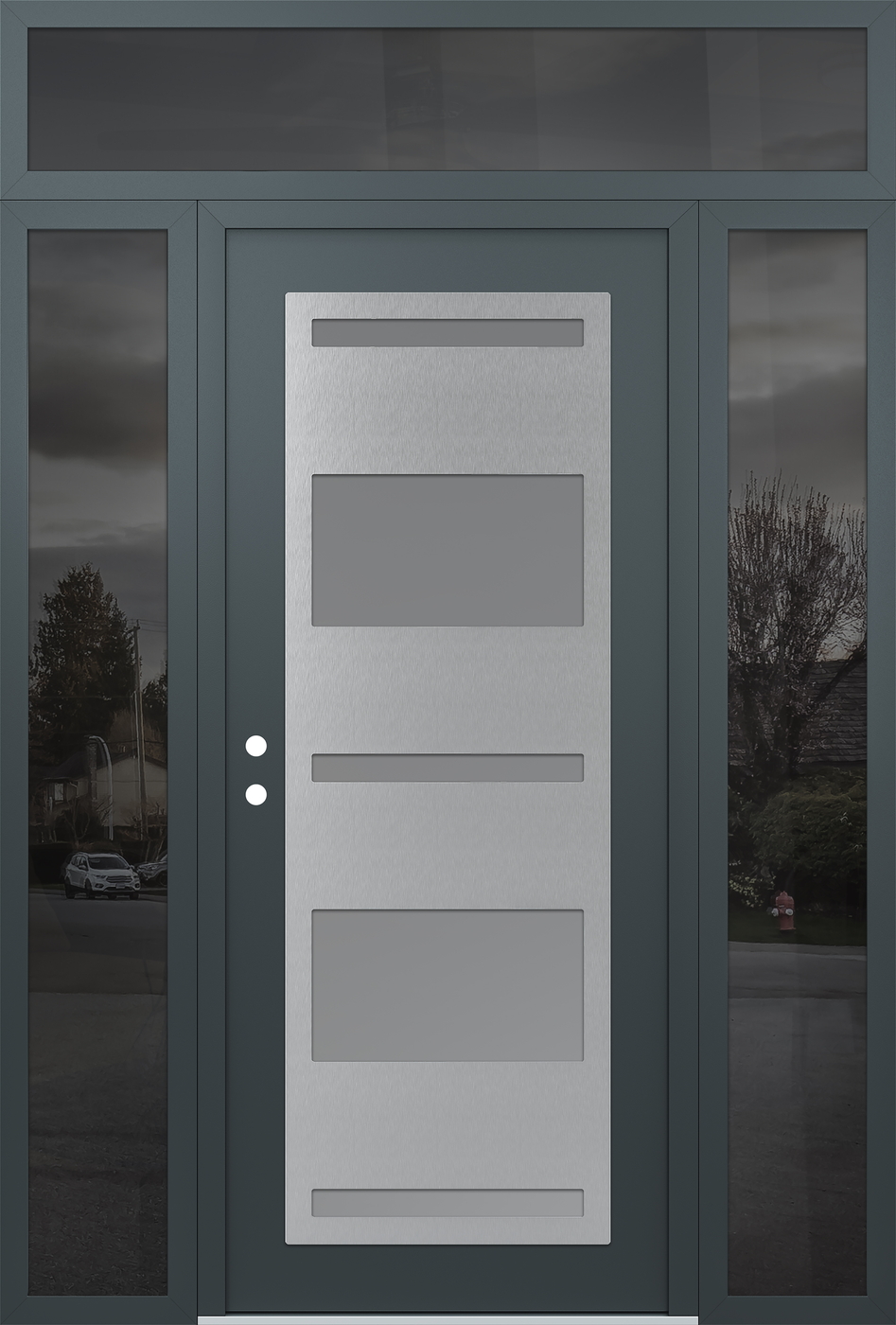 Modern Steel Front Door Diamond C10 60" x 96" anthracite/anthracite frosted Glass Panel stainless steel RHI with 2 Sidelites and Transom mirrored Glass