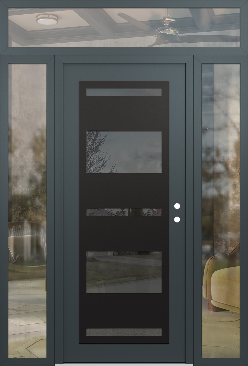 Modern Steel Front Door Diamond C10 60" x 96" anthracite/anthracite mirrored Glass Panel black LHI with 2 Sidelites and Transom clear Glass