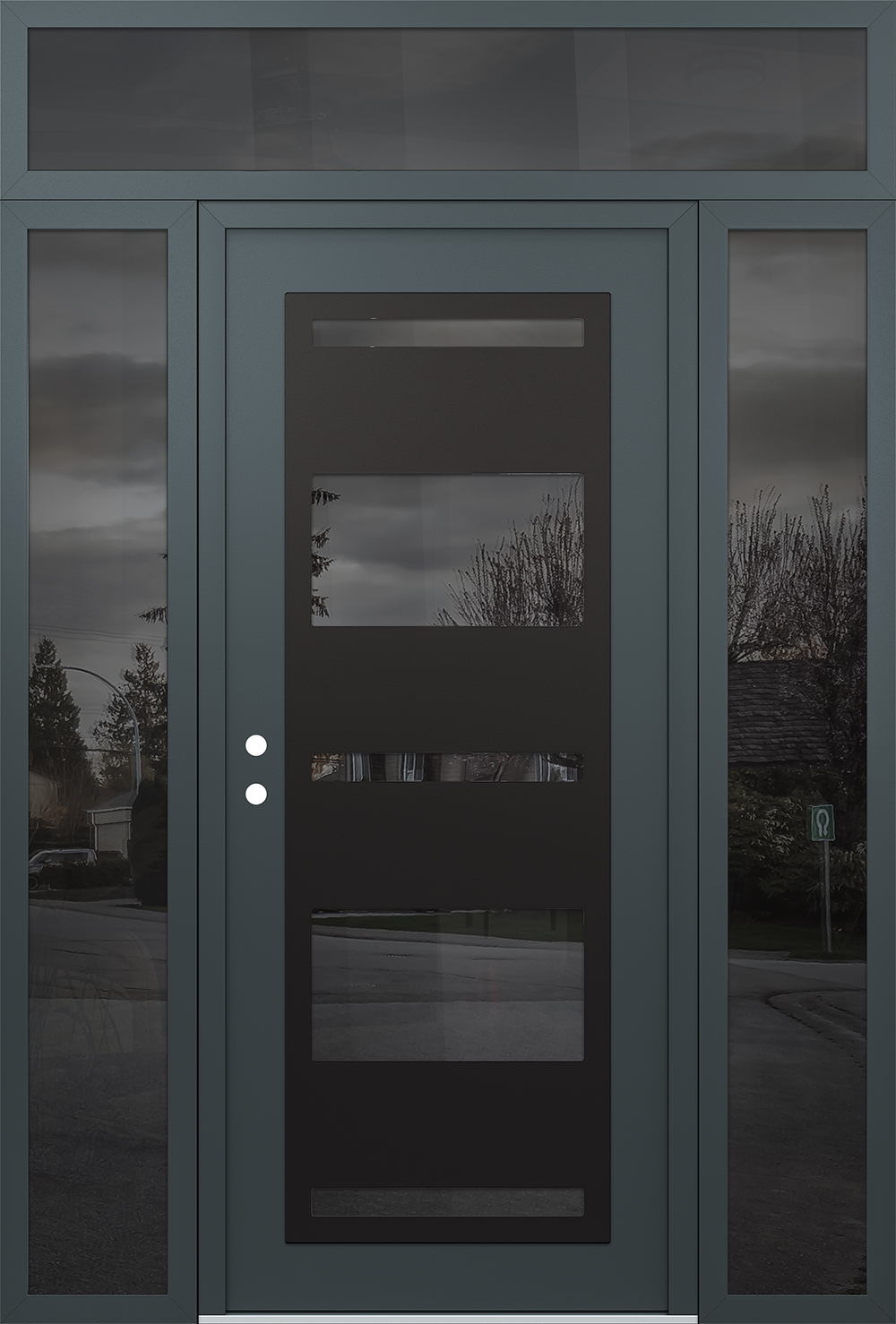 Modern Steel Front Door Diamond C10 60" x 96" anthracite/anthracite mirrored Glass Panel black RHI with 2 Sidelites and Transom mirrored Glass