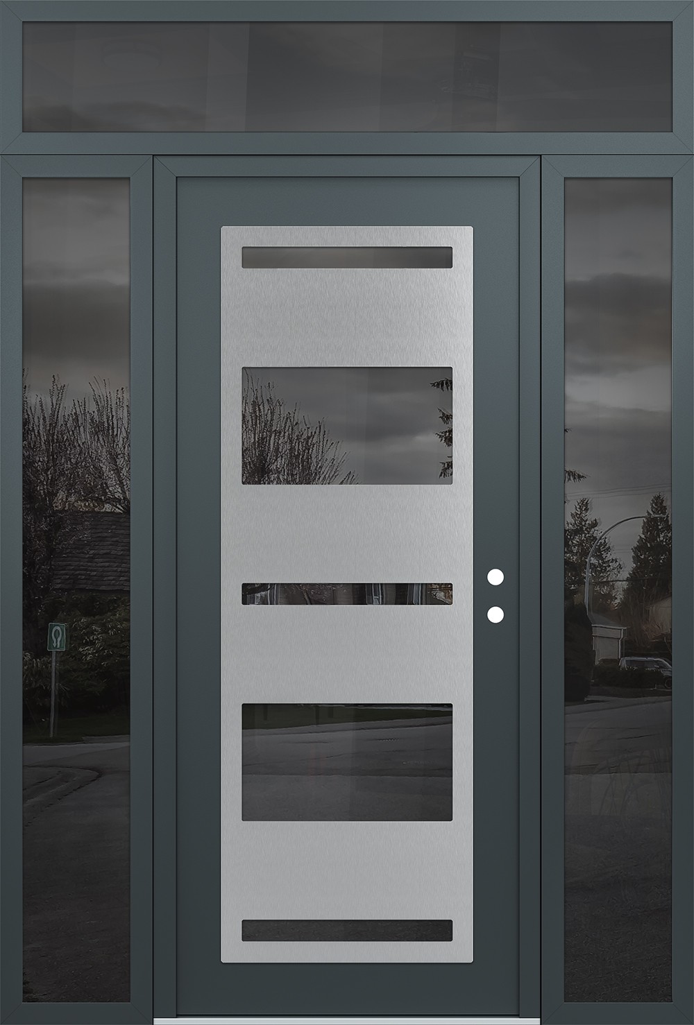 Modern Steel Front Door Diamond C10 60" x 96" anthracite/anthracite mirrored Glass Panel stainless steel LHI with 2 Sidelites and Transom mirrored Glass