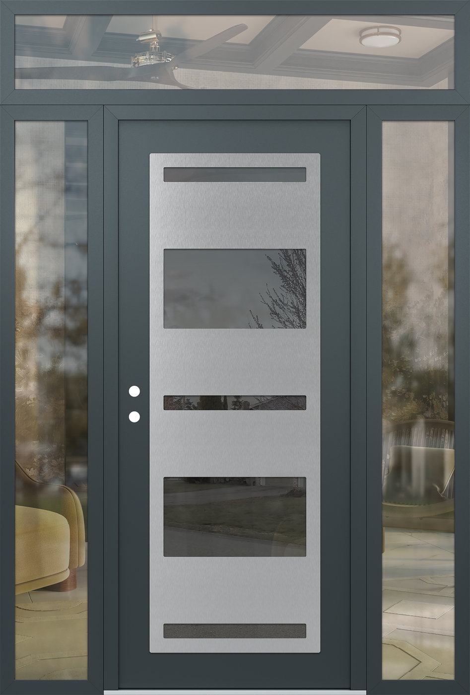 Modern Steel Front Door Diamond C10 60" x 96" anthracite/anthracite mirrored Glass Panel stainless steel RHI with 2 Sidelites and Transom clear Glass