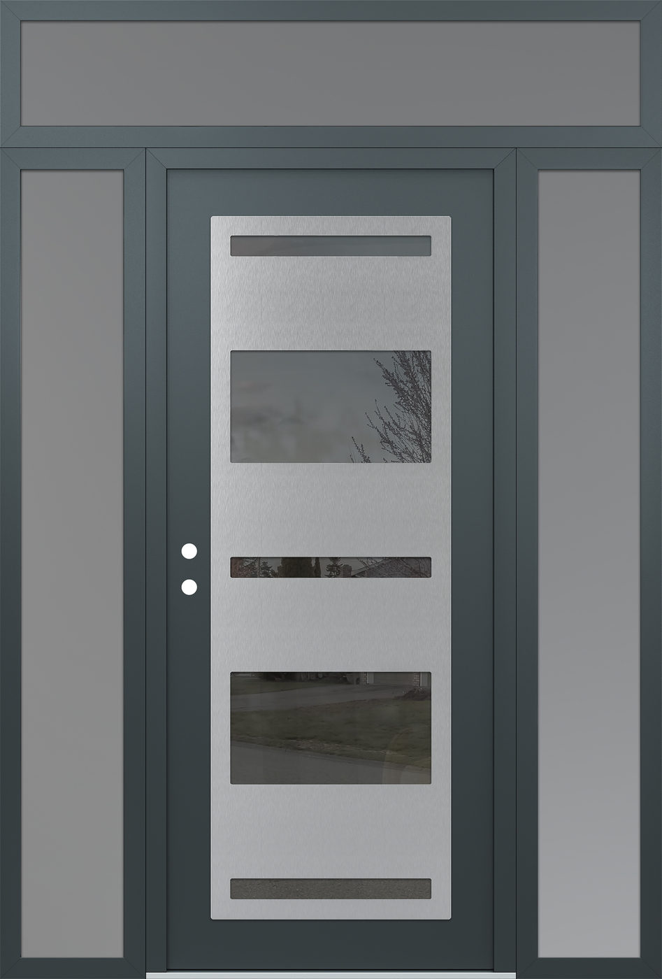 Modern Steel Front Door Diamond C10 60" x 96" anthracite/anthracite mirrored Glass Panel stainless steel RHI with 2 Sidelites and Transom frosted Glass