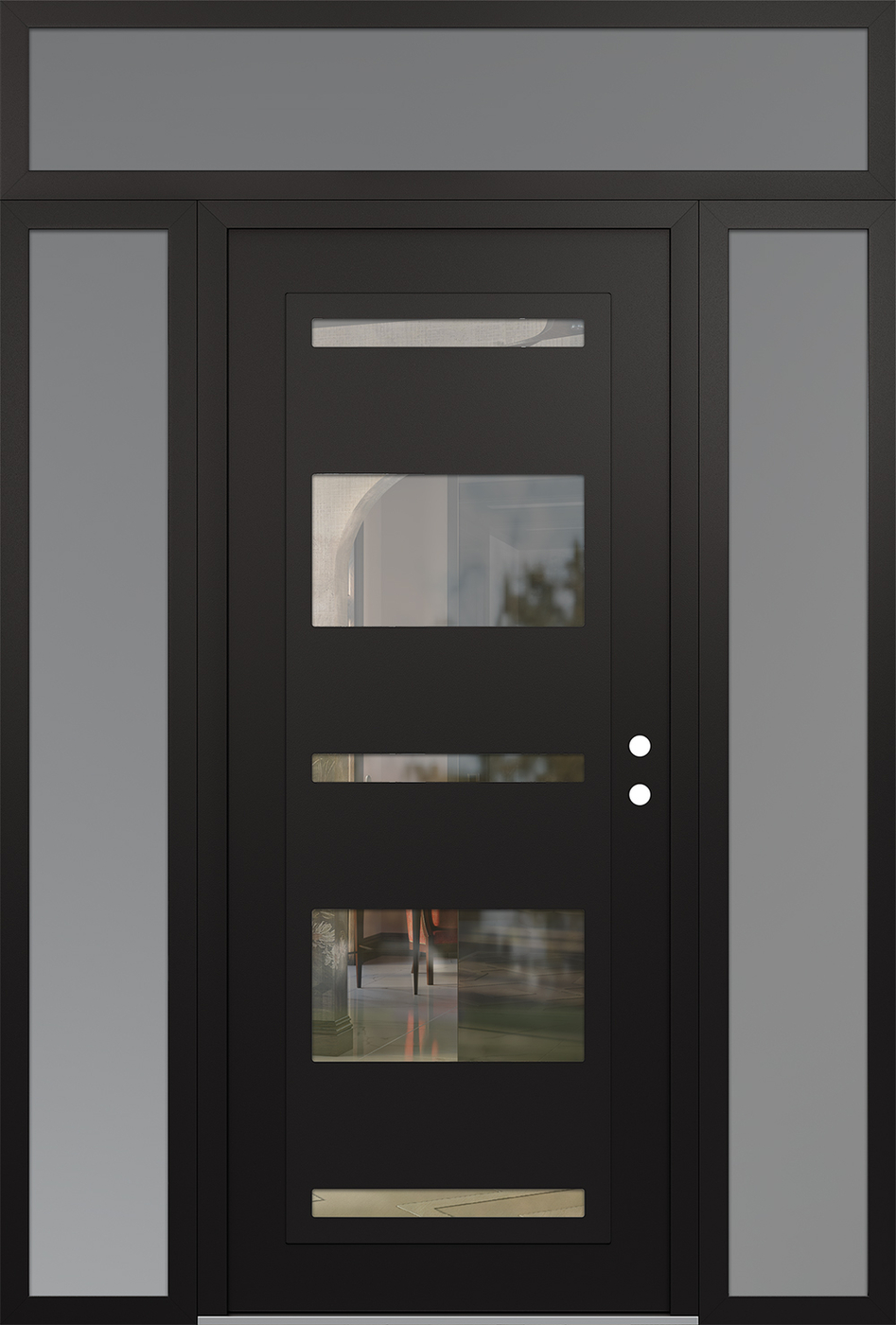 Modern Steel Front Door Diamond C10 60" x 96" black/black clear Glass Panel black LHI with 2 Sidelites and Transom frosted Glass