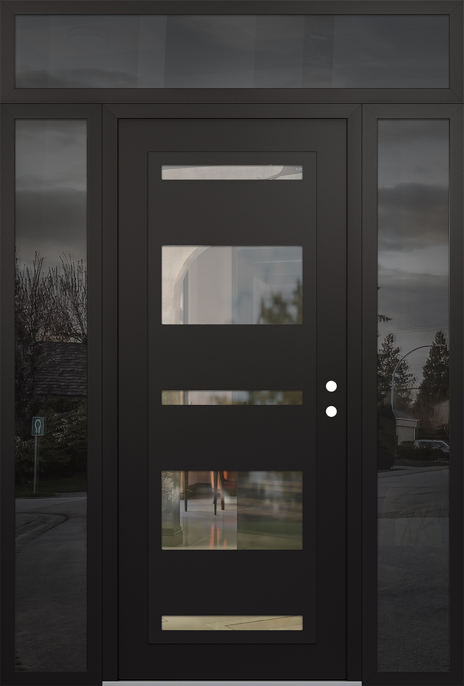 Modern Steel Front Door Diamond C10 60" x 96" black/black clear Glass Panel black LHI with 2 Sidelites and Transom mirrored Glass