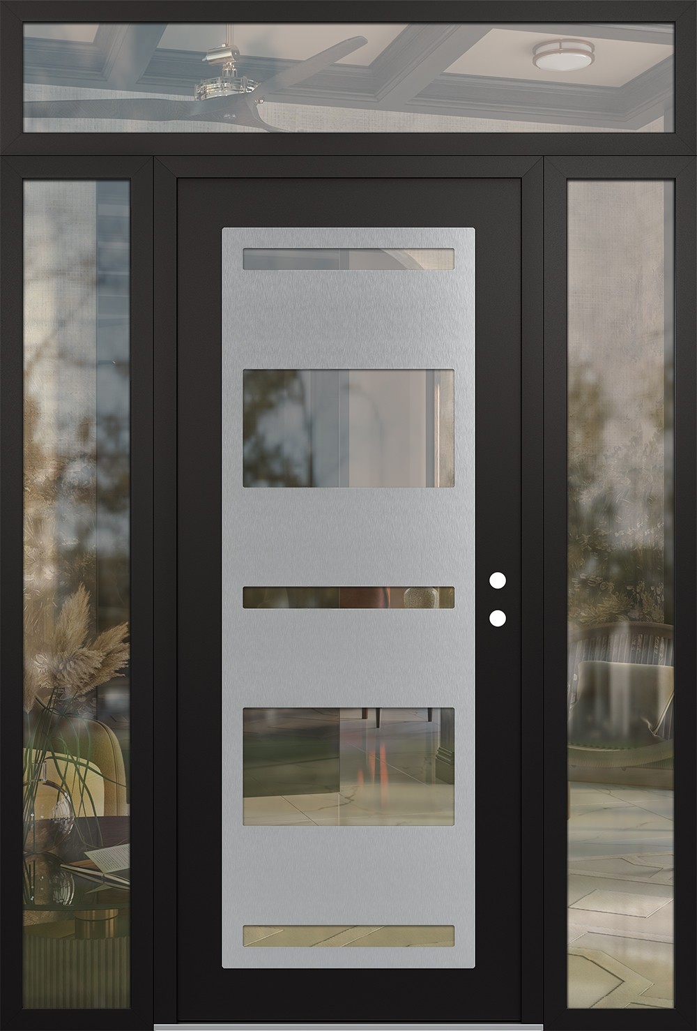 Modern Steel Front Door Diamond C10 60" x 96" black/black clear Glass Panel stainless steel LHI with 2 Sidelites and Transom clear Glass