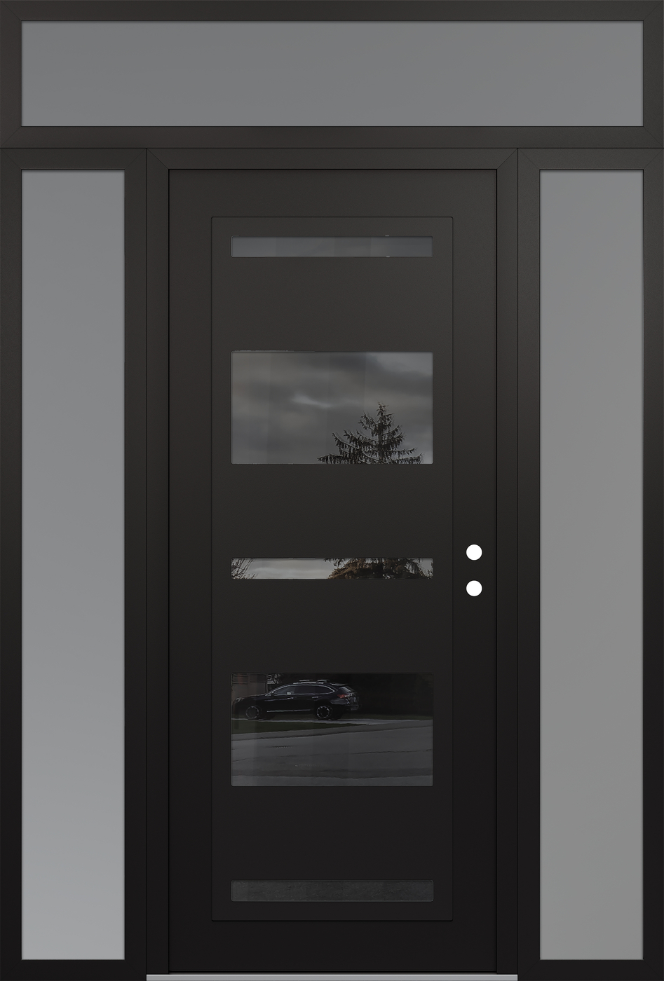 Modern Steel Front Door Diamond C10 60" x 96" black/black mirrored Glass Panel black LHI with 2 Sidelites and Transom frosted Glass