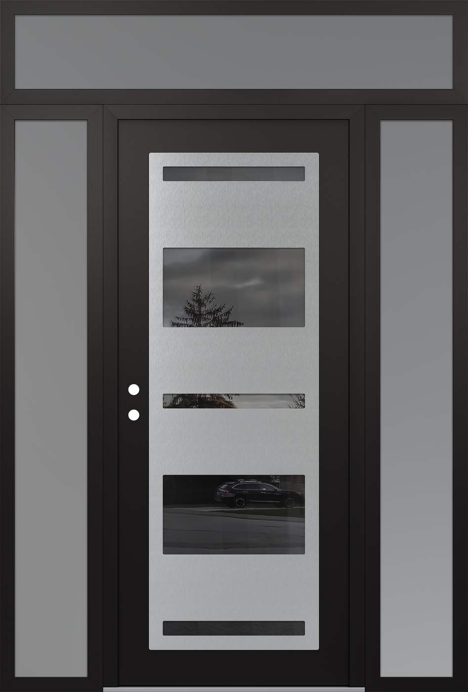Modern Steel Front Door Diamond C10 60" x 96" black/black mirrored Glass Panel stainless steel RHI with 2 Sidelites and Transom frosted Glass