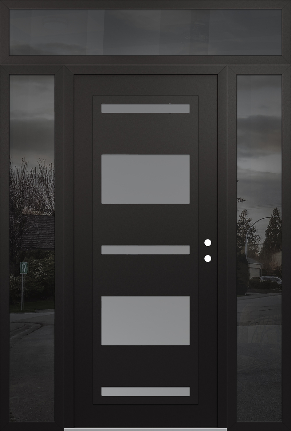 Modern Steel Front Door Diamond C10 60" x 96" black/white frosted Glass Panel black LHI with 2 Sidelites and Transom mirrored Glass