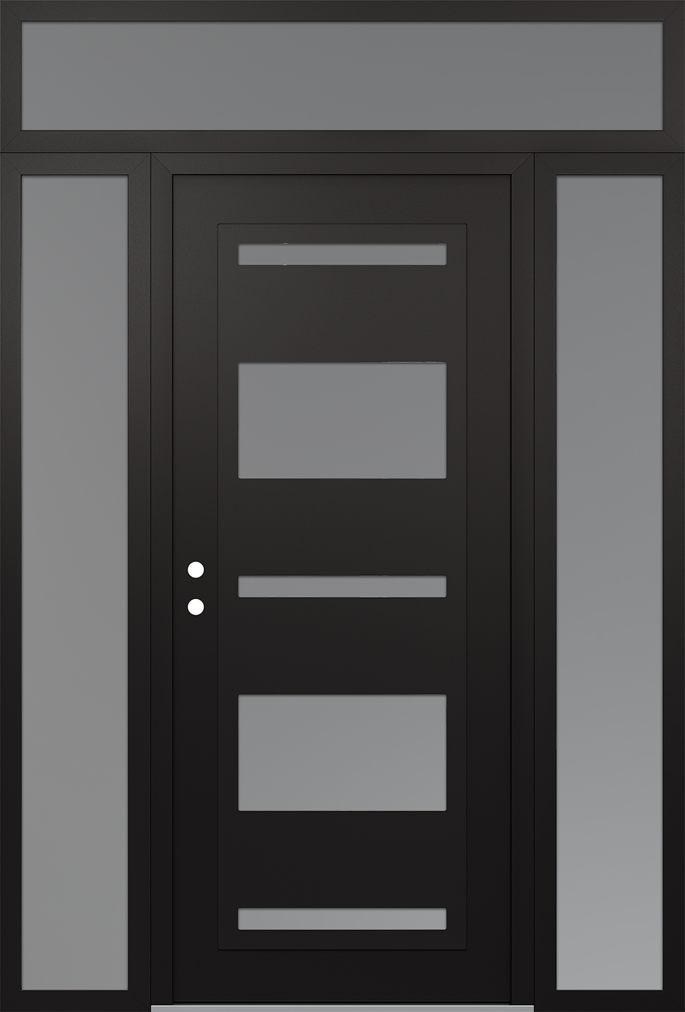 Modern Steel Front Door Diamond C10 60" x 96" black/white frosted Glass Panel black RHI with 2 Sidelites and Transom frosted Glass