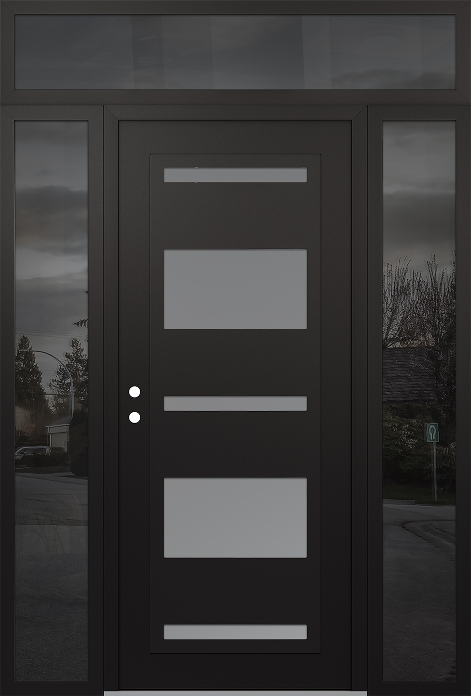 Modern Steel Front Door Diamond C10 60" x 96" black/white frosted Glass Panel black RHI with 2 Sidelites and Transom mirrored Glass