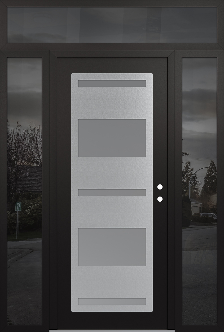Modern Steel Front Door Diamond C10 60" x 96" black/white frosted Glass Panel stainless steel LHI with 2 Sidelites and Transom mirrored Glass