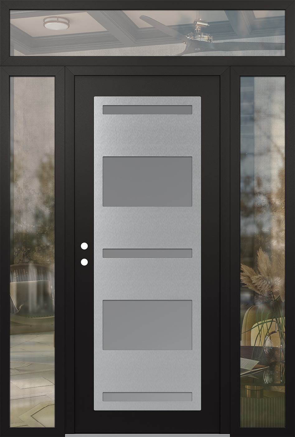 Modern Steel Front Door Diamond C10 60" x 96" black/white frosted Glass Panel stainless steel RHI with 2 Sidelites and Transom clear Glass