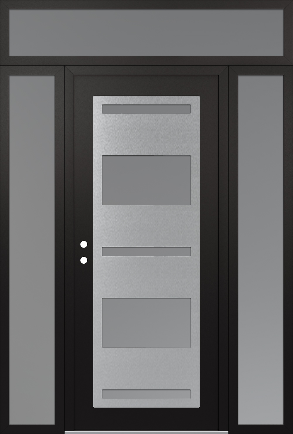 Modern Steel Front Door Diamond C10 60" x 96" black/white frosted Glass Panel stainless steel RHI with 2 Sidelites and Transom frosted Glass