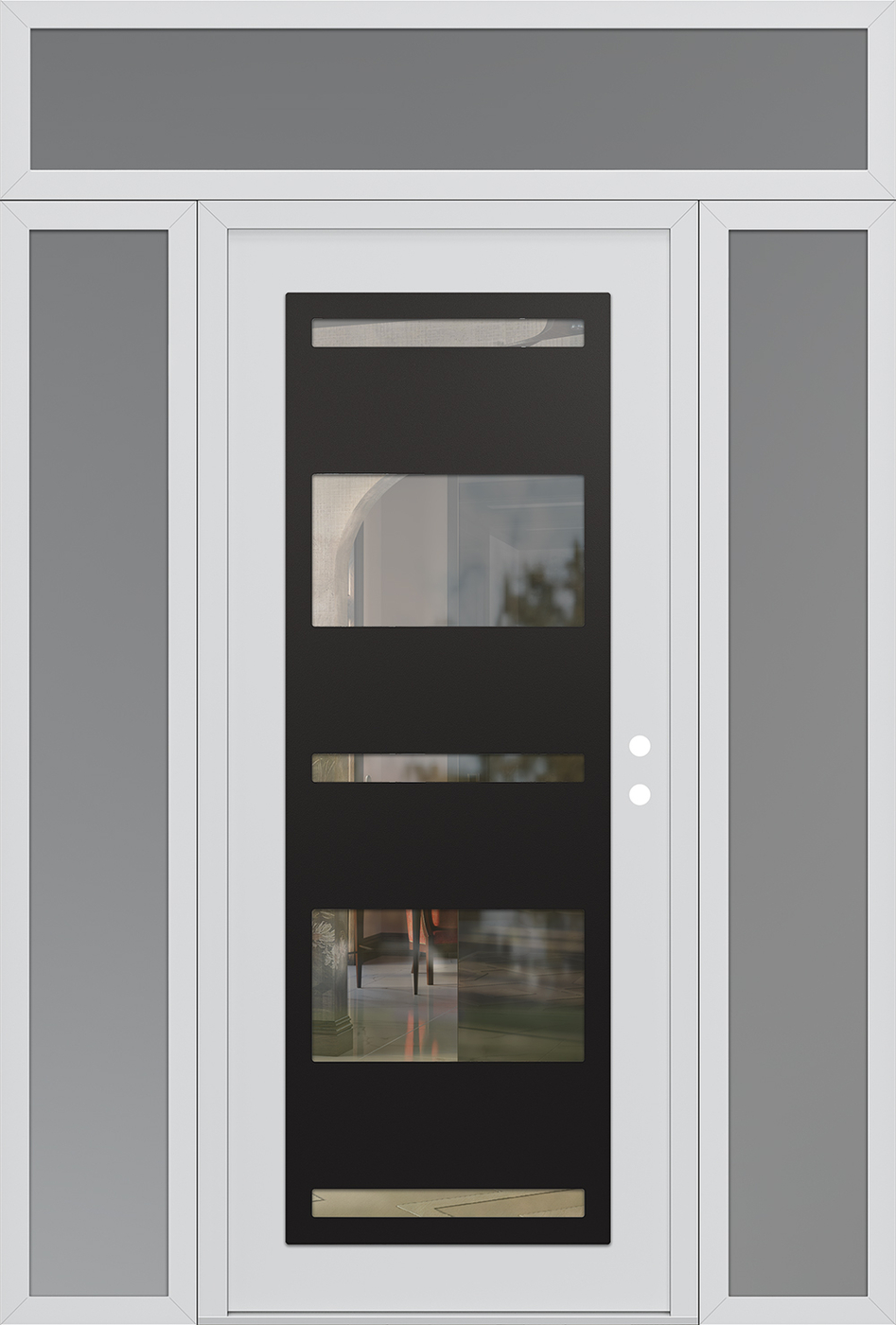 Modern Steel Front Door Diamond C10 60" x 96" white/white clear Glass Panel black LHI with 2 Sidelites and Transom frosted Glass