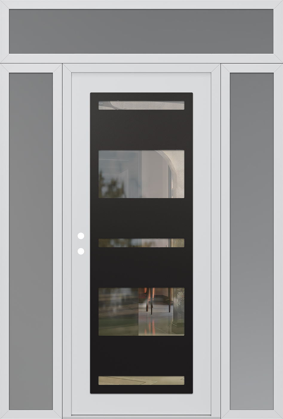 Modern Steel Front Door Diamond C10 60" x 96" white/white clear Glass Panel black RHI with 2 Sidelites and Transom frosted Glass
