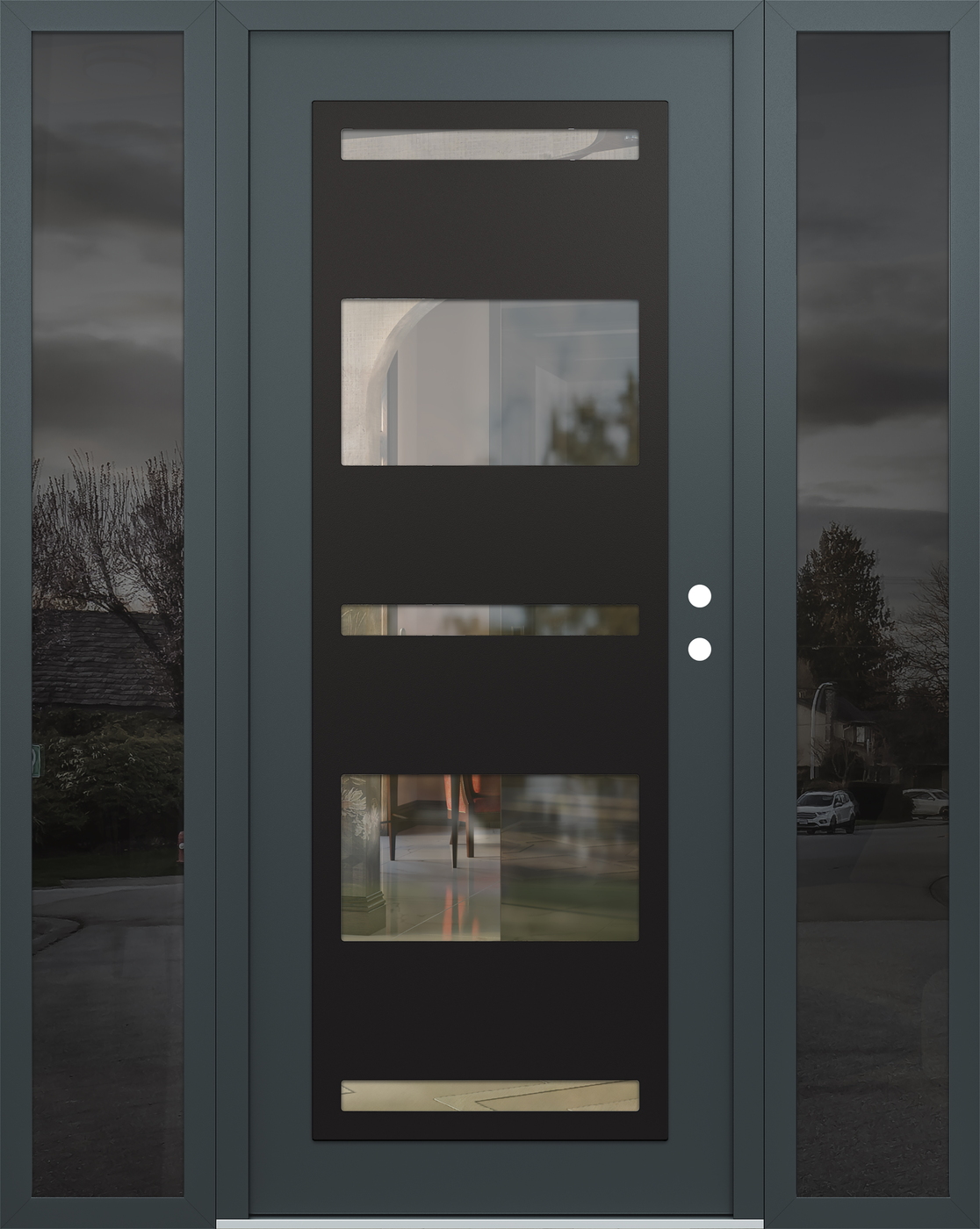 Modern Steel Front Door Diamond C10 64" x 80" anthracite/anthracite clear Glass Panel black LHI with 2 Sidelites mirrored Glass