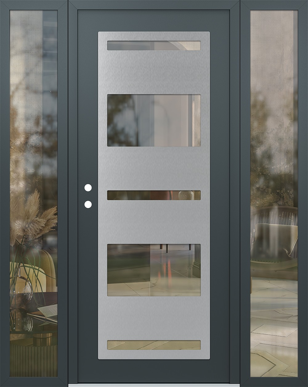 Modern Steel Front Door Diamond C10 64" x 80" anthracite/anthracite clear Glass Panel stainless steel RHI with 2 Sidelites clear Glass