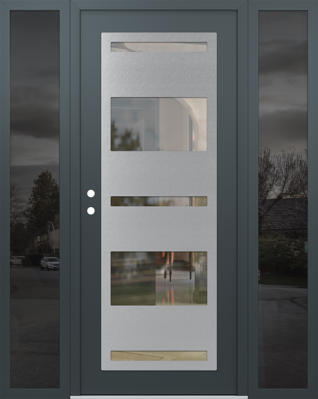 Modern Steel Front Door Diamond C10 64" x 80" anthracite/anthracite clear Glass Panel stainless steel RHI with 2 Sidelites mirrored Glass