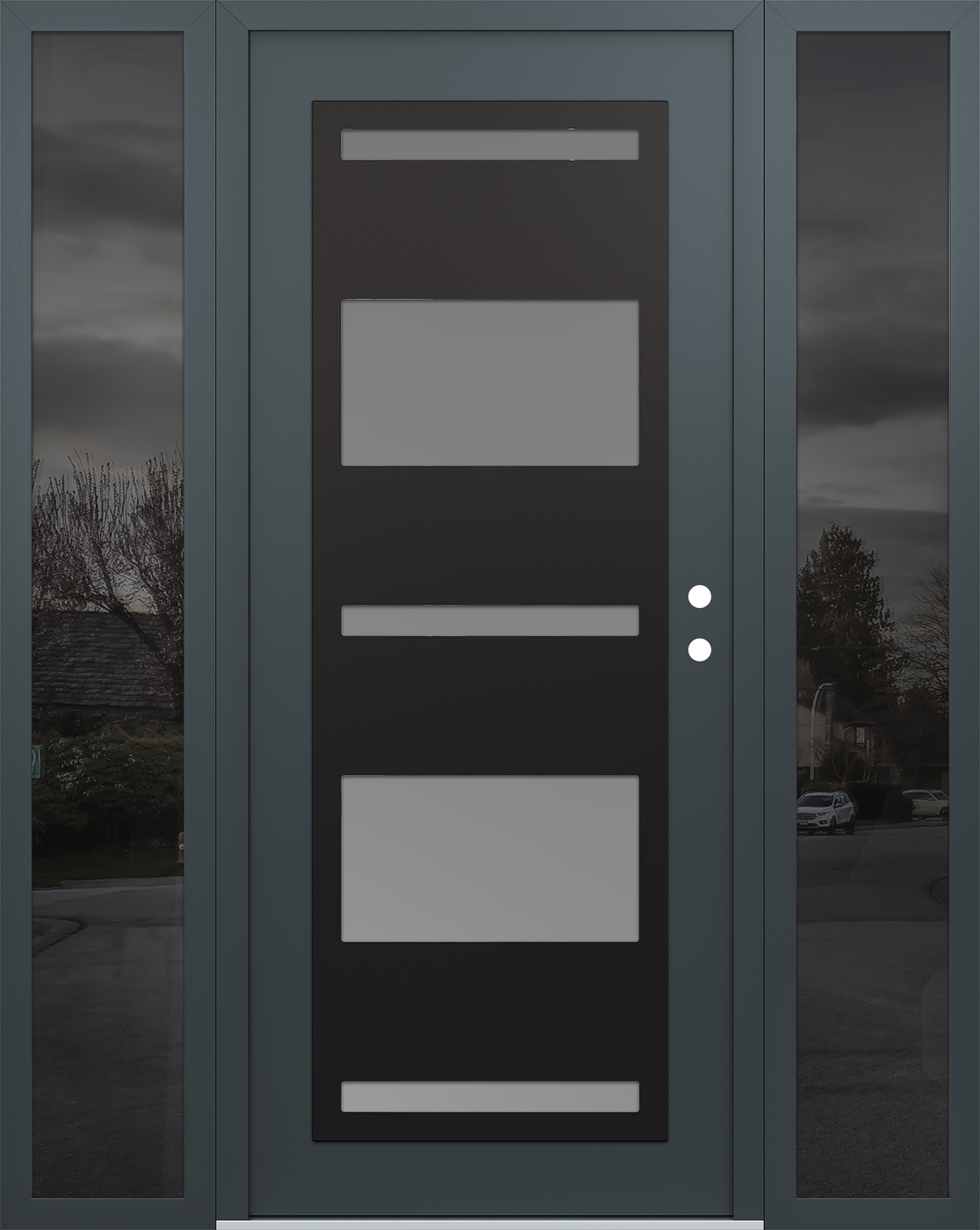 Modern Steel Front Door Diamond C10 64" x 80" anthracite/anthracite frosted Glass Panel black LHI with 2 Sidelites mirrored Glass