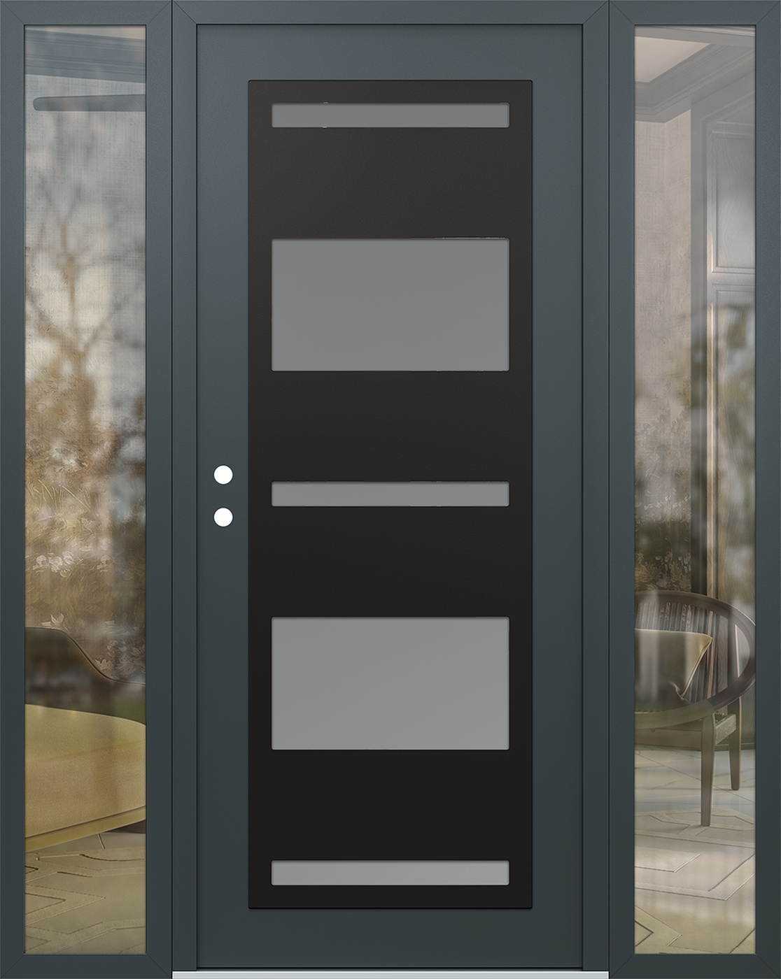 Modern Steel Front Door Diamond C10 64" x 80" anthracite/anthracite frosted Glass Panel black RHI with 2 Sidelites clear Glass