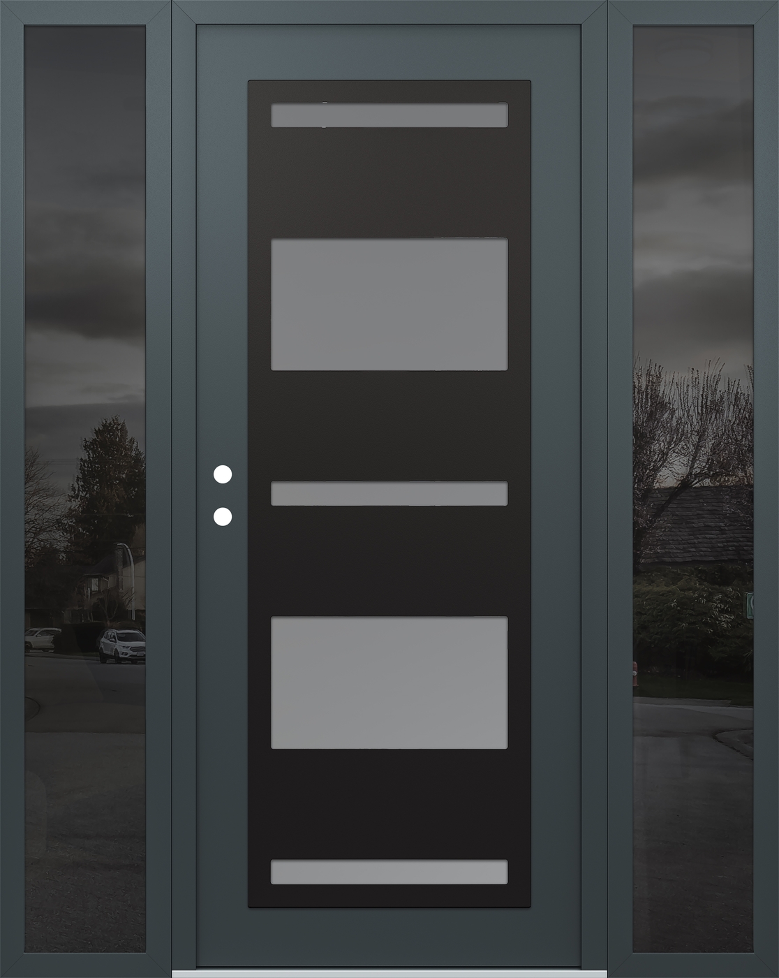 Modern Steel Front Door Diamond C10 64" x 80" anthracite/anthracite frosted Glass Panel black RHI with 2 Sidelites mirrored Glass