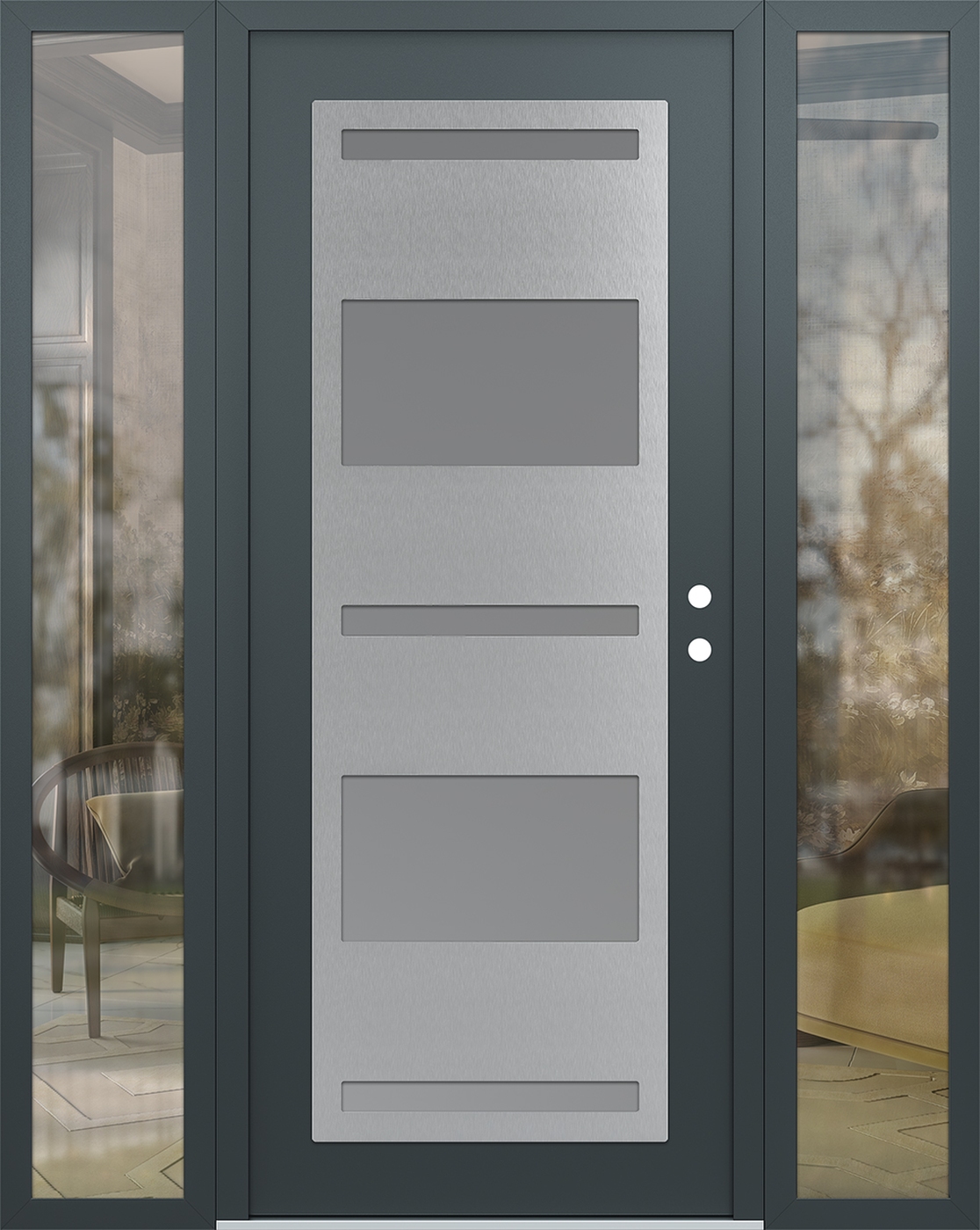 Modern Steel Front Door Diamond C10 64" x 80" anthracite/anthracite frosted Glass Panel stainless steel LHI with 2 Sidelites clear Glass