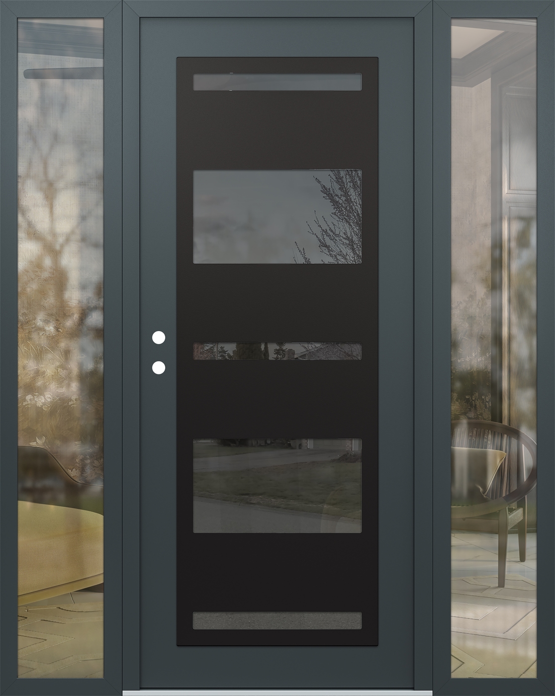 Modern Steel Front Door Diamond C10 64" x 80" anthracite/anthracite mirrored Glass Panel black RHI with 2 Sidelites clear Glass