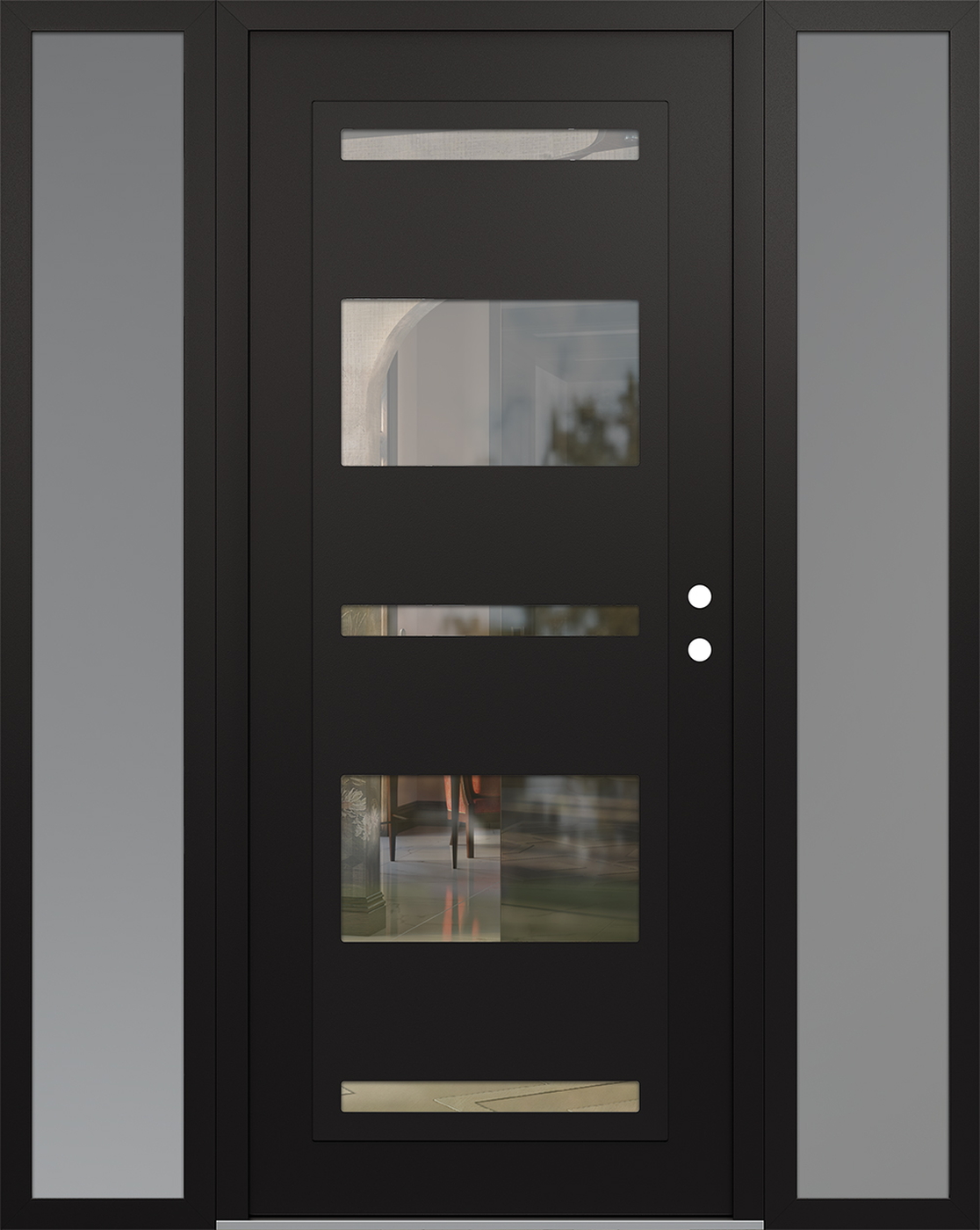 Modern Steel Front Door Diamond C10 64" x 80" black/black clear Glass Panel black LHI with 2 Sidelites frosted Glass