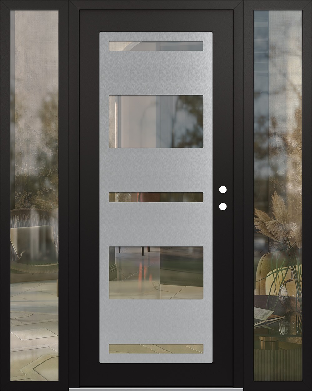 Modern Steel Front Door Diamond C10 64" x 80" black/black clear Glass Panel stainless steel LHI with 2 Sidelites clear Glass