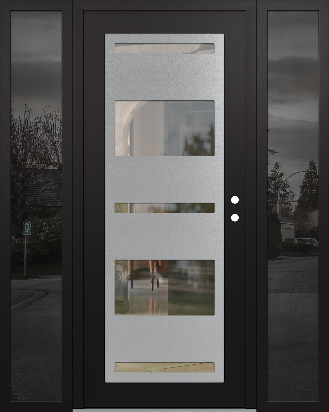 Modern Steel Front Door Diamond C10 64" x 80" black/black clear Glass Panel stainless steel LHI with 2 Sidelites mirrored Glass