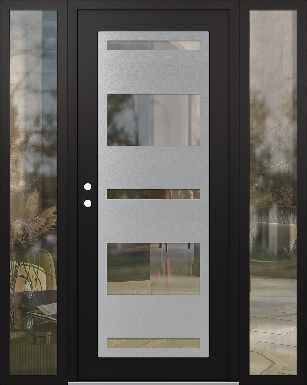 Modern Steel Front Door Diamond C10 64" x 80" black/black clear Glass Panel stainless steel RHI with 2 Sidelites clear Glass