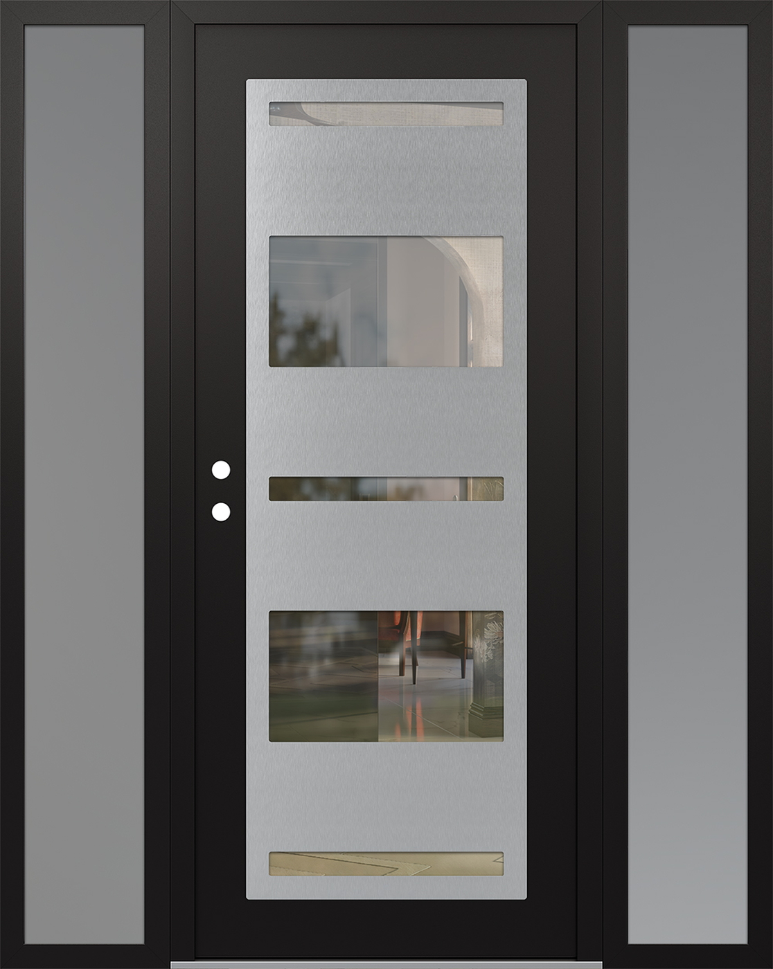 Modern Steel Front Door Diamond C10 64" x 80" black/black clear Glass Panel stainless steel RHI with 2 Sidelites frosted Glass