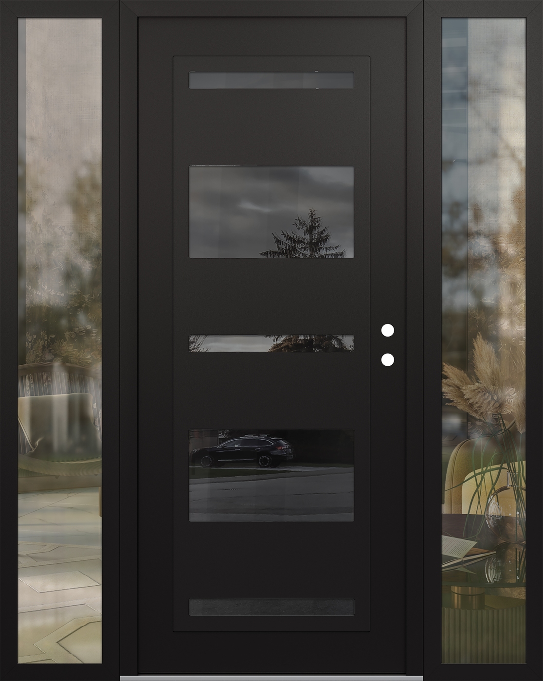 Modern Steel Front Door Diamond C10 64" x 80" black/black mirrored Glass Panel black LHI with 2 Sidelites clear Glass