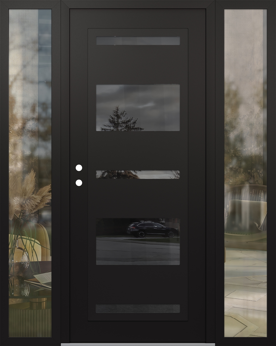 Modern Steel Front Door Diamond C10 64" x 80" black/black mirrored Glass Panel black RHI with 2 Sidelites clear Glass