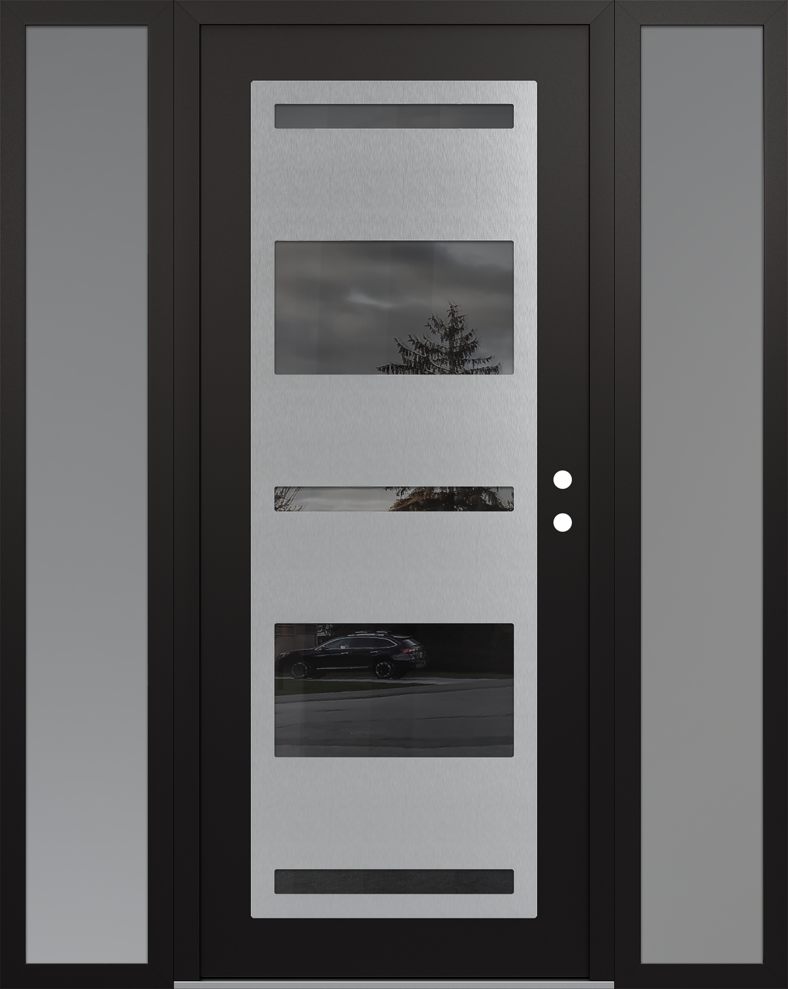 Modern Steel Front Door Diamond C10 64" x 80" black/black mirrored Glass Panel stainless steel LHI with 2 Sidelites frosted Glass