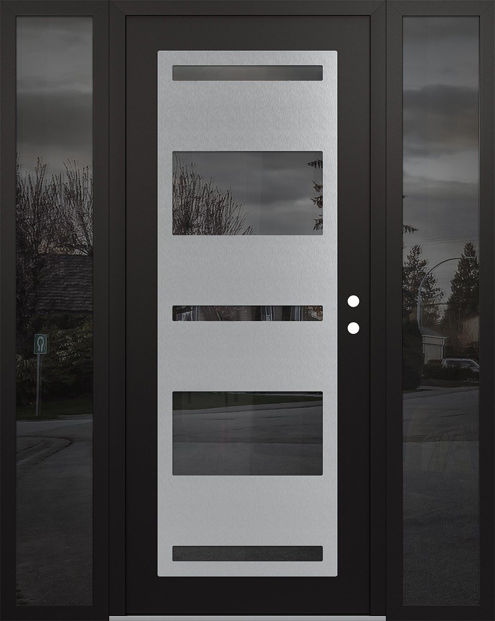 Modern Steel Front Door Diamond C10 64" x 80" black/black mirrored Glass Panel stainless steel LHI with 2 Sidelites mirrored Glass