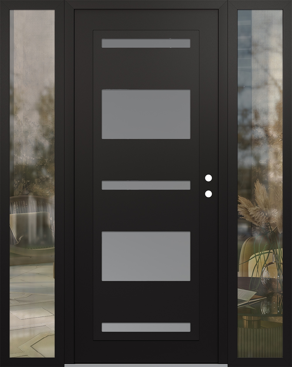 Modern Steel Front Door Diamond C10 64" x 80" black/white frosted Glass Panel black LHI with 2 Sidelites clear Glass