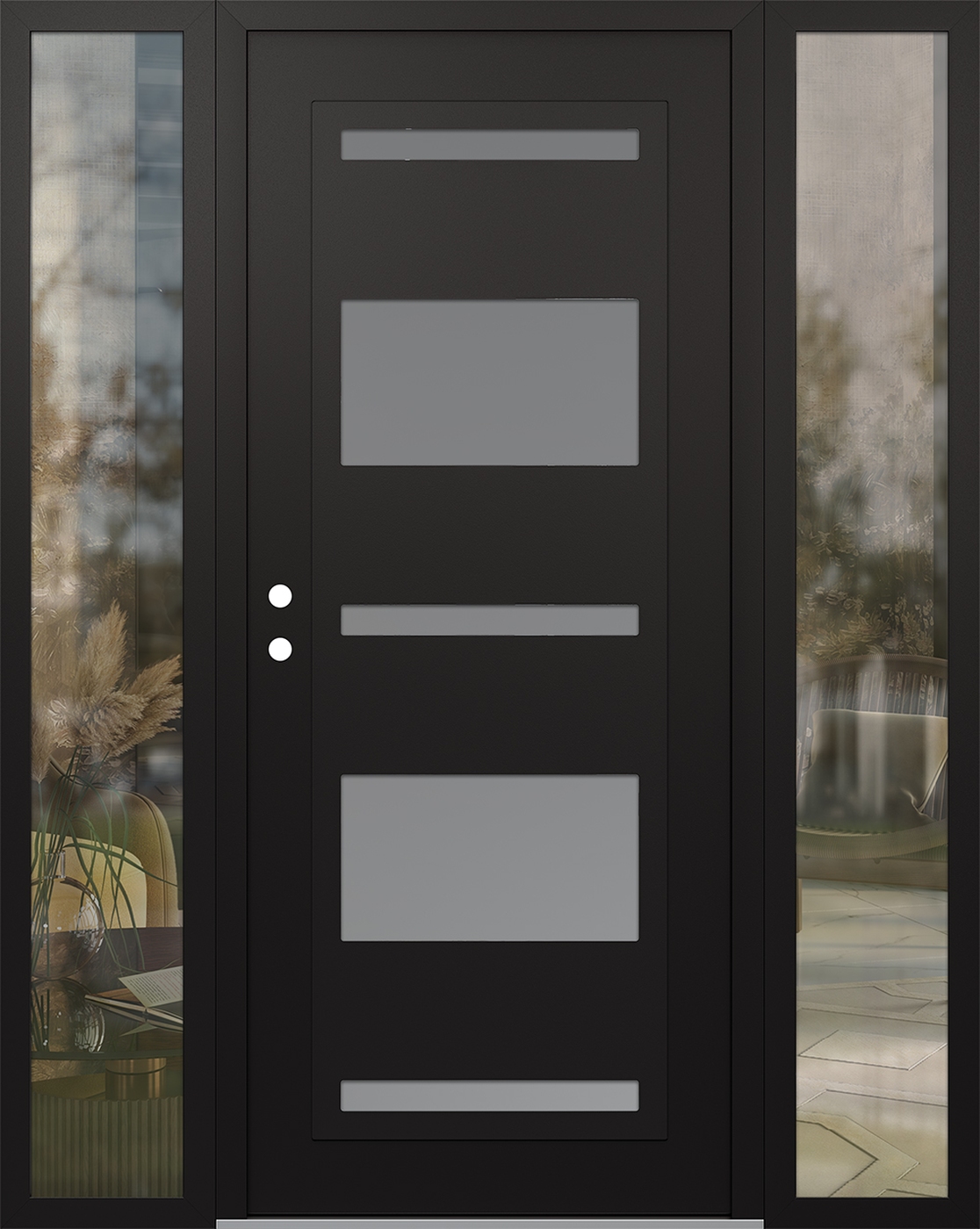 Modern Steel Front Door Diamond C10 64" x 80" black/white frosted Glass Panel black RHI with 2 Sidelites clear Glass