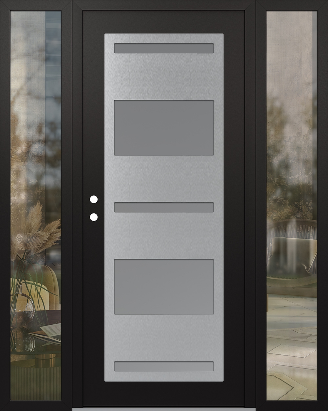 Modern Steel Front Door Diamond C10 64" x 80" black/white frosted Glass Panel stainless steel RHI with 2 Sidelites clear Glass