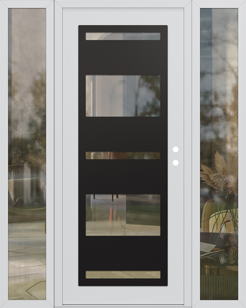 Modern Steel Front Door Diamond C10 64" x 80" white/white clear Glass Panel black LHI with 2 Sidelites clear Glass