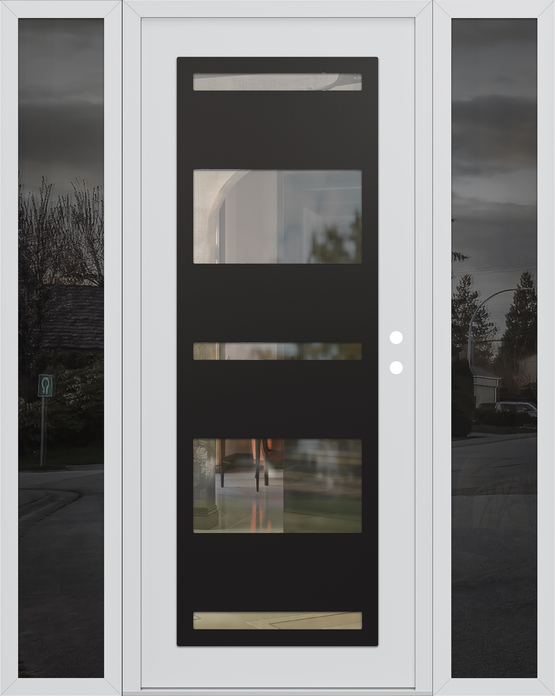 Modern Steel Front Door Diamond C10 64" x 80" white/white clear Glass Panel black LHI with 2 Sidelites mirrored Glass