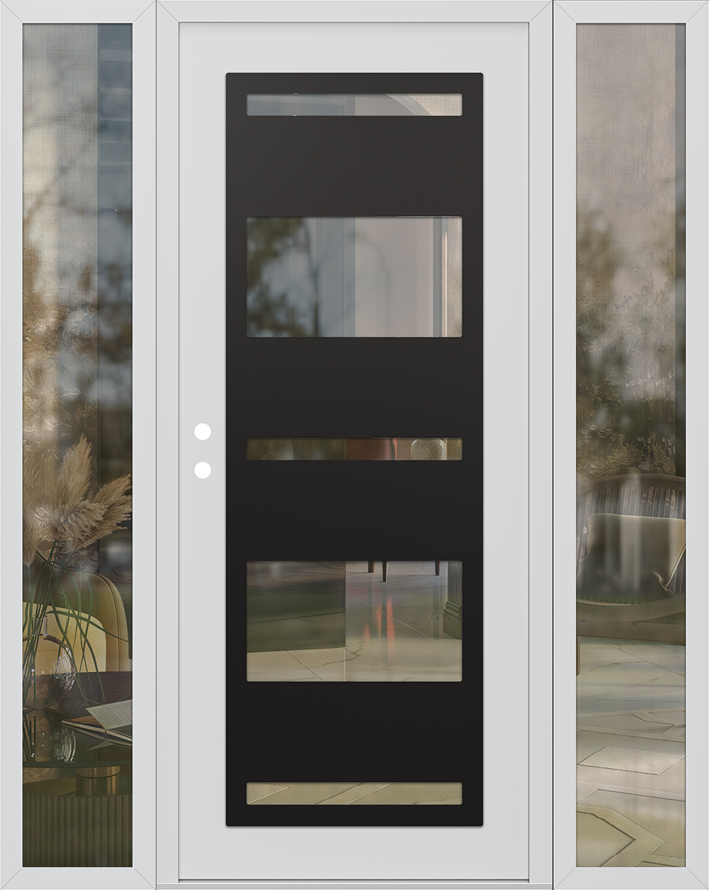 Modern Steel Front Door Diamond C10 64" x 80" white/white clear Glass Panel black RHI with 2 Sidelites clear Glass