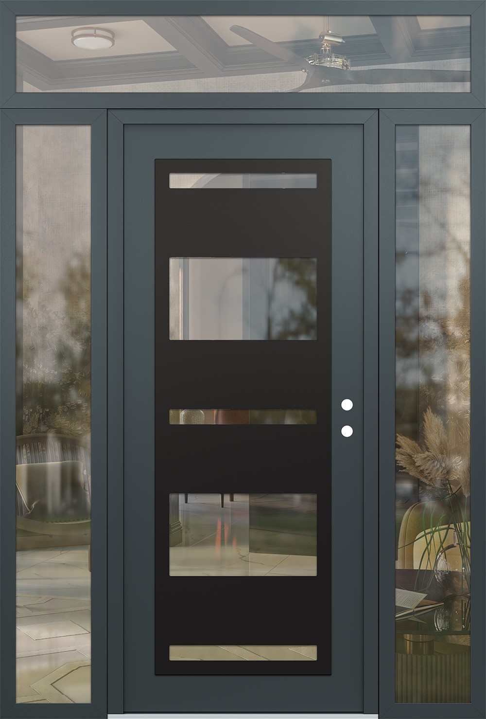 Modern Steel Front Door Diamond C10 64" x 96" anthracite/anthracite clear Glass Panel black LHI with 2 Sidelites and Transom clear Glass