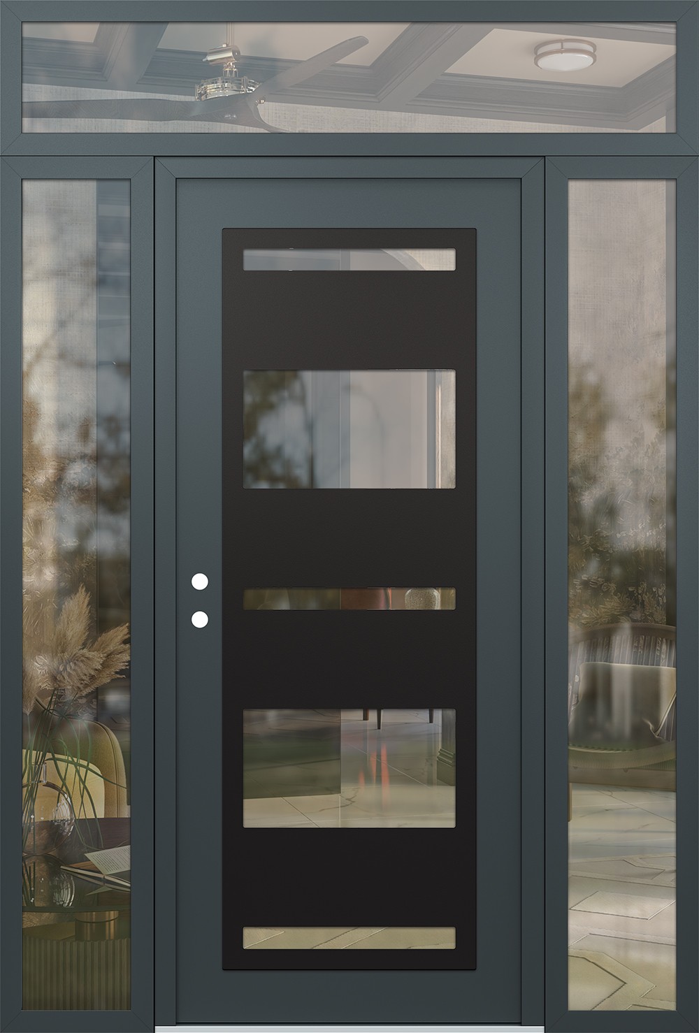Modern Steel Front Door Diamond C10 64" x 96" anthracite/anthracite clear Glass Panel black RHI with 2 Sidelites and Transom clear Glass